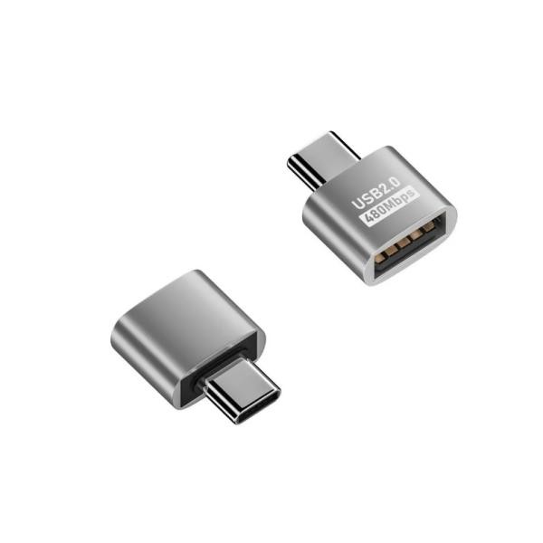 USB2.0変換アダプター Aメス→Type-Cオス シルバー OTG対応 480Mbpsデータ転送 スマホ/PC用 小型中継コネクタka10000a345